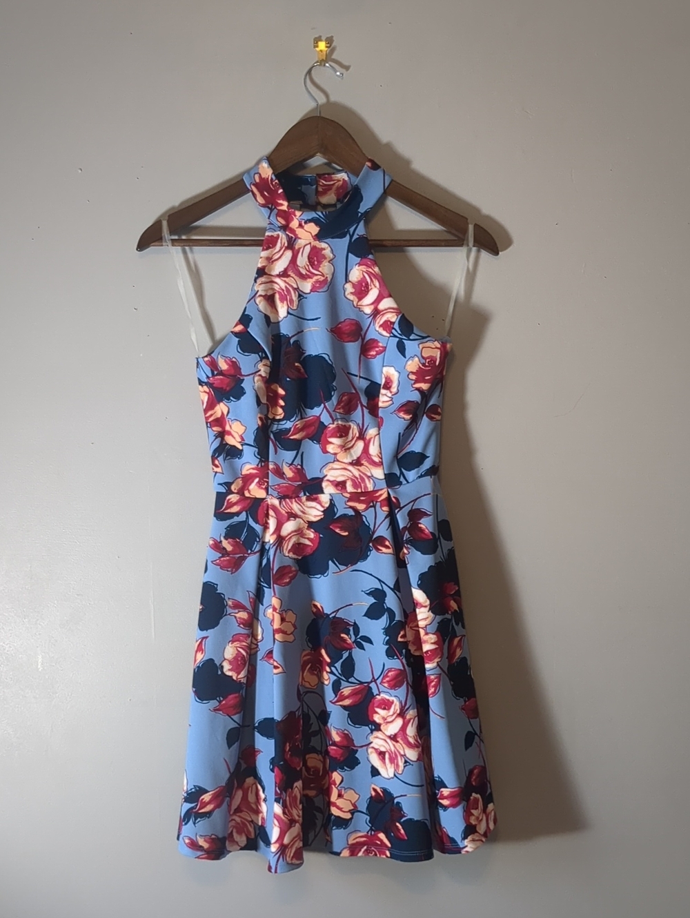 Francesca's Miami Floral Halter Dress Blue & Pink Fit Flare Mini Size XS
